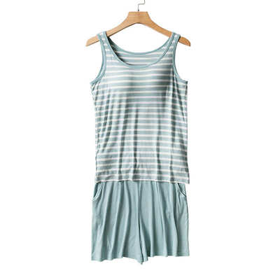 夏季新款带胸垫背心短裤套装女 莫代尔条纹宽带背心短裤两件套