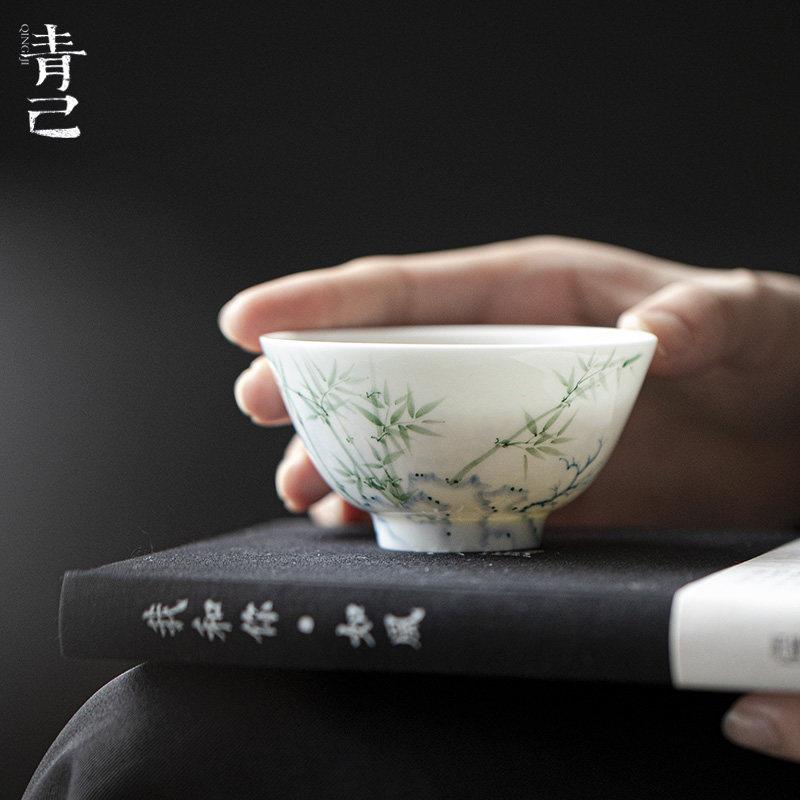 青己玉瓷主人杯釉下彩青花手绘超薄胎茶具个人杯洞天竹影书怀茶杯