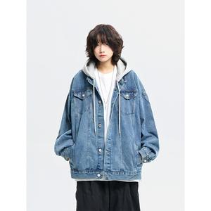阿于呆秋冬日系假两件水洗连帽牛仔外套男宽松休闲情侣工装夹克女