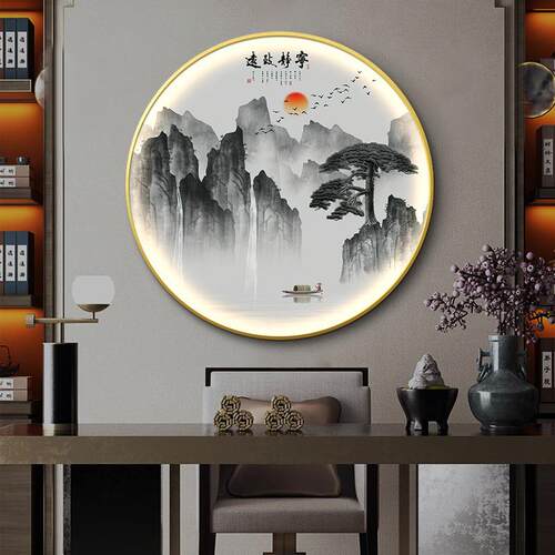 新款直销新中式圆形装饰画迎客松壁画入户玄关山水画客厅办公室挂