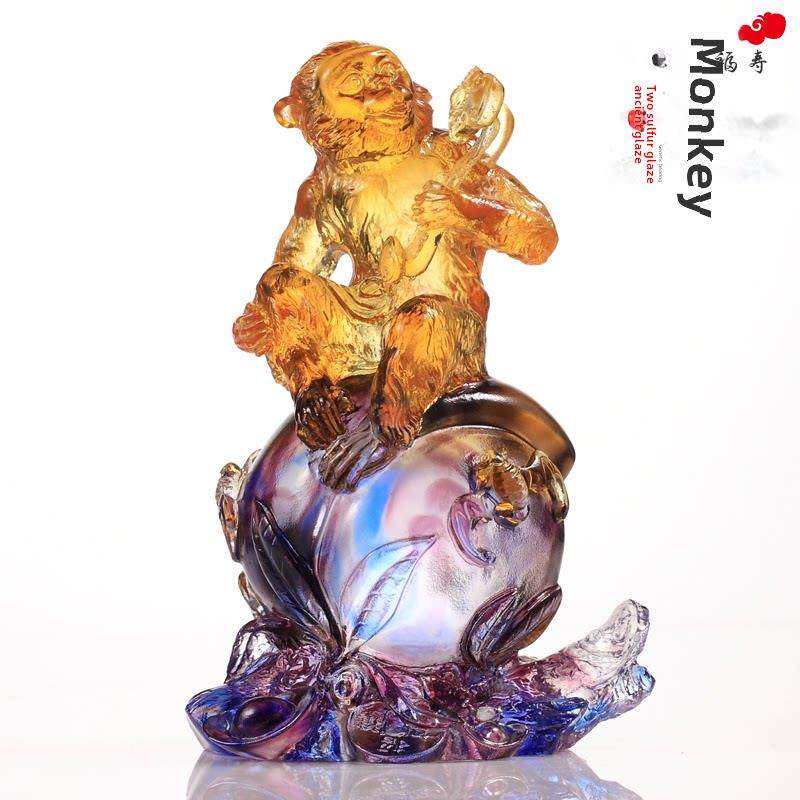 琉璃猴子摆件生肖猴工艺品吉祥物生日礼物福寿如意寿桃