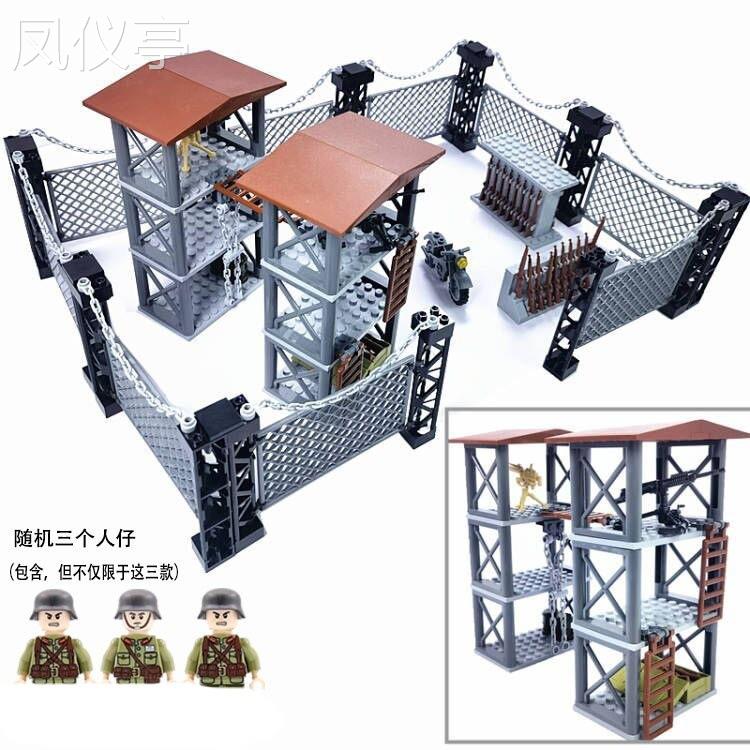 MOC军事积木哨塔兼容某高二战武器人仔小颗粒机枪瞭望塔儿童玩具