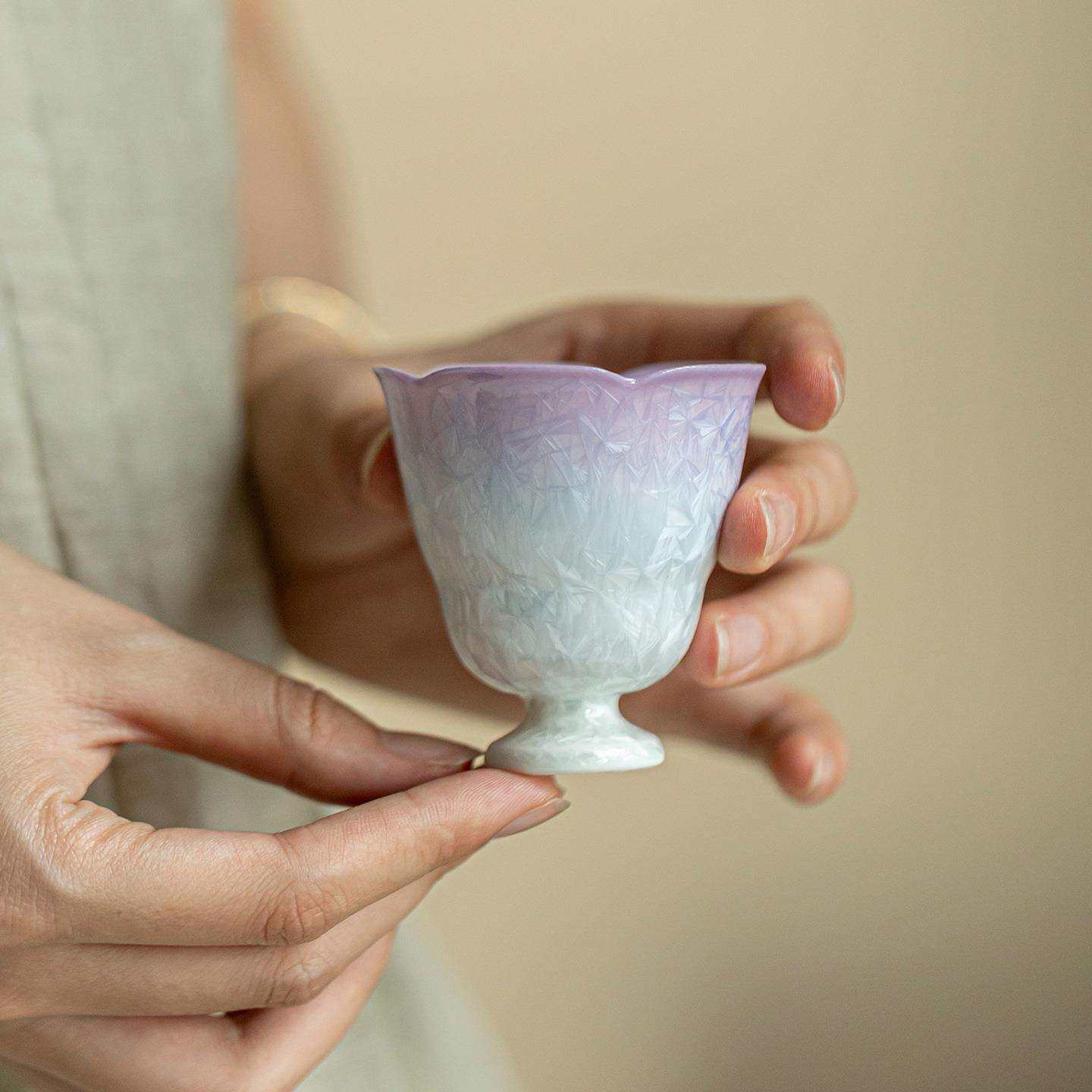墨己结晶釉浅紫冰花窑变陶瓷高足花口茶杯家用主人杯品茗杯杯子