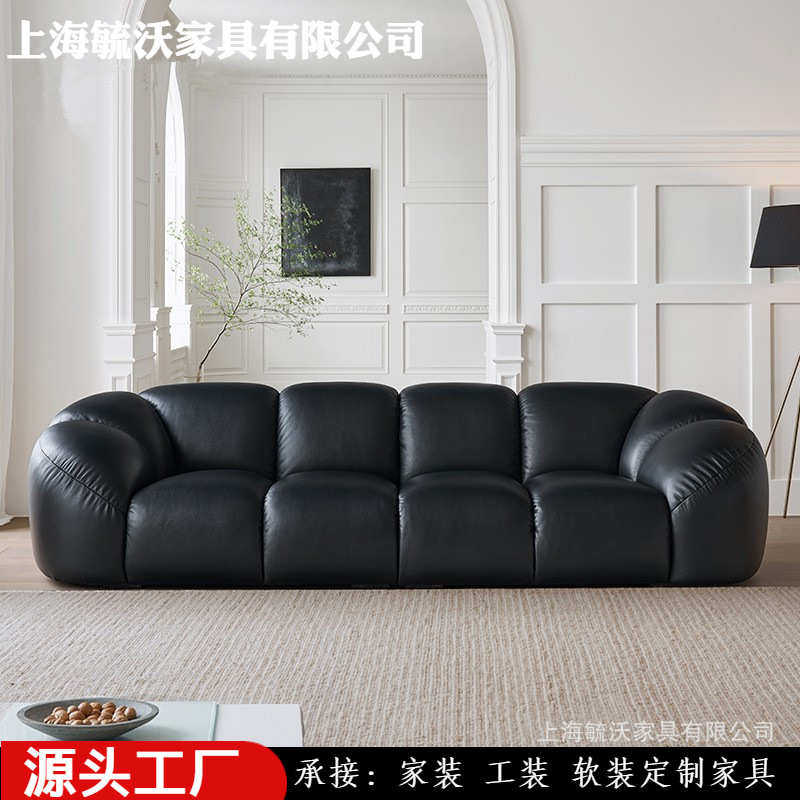 中古风Boomm黑色皮沙发法式复古大小户型黑胖子三人沙发酒店外贸
