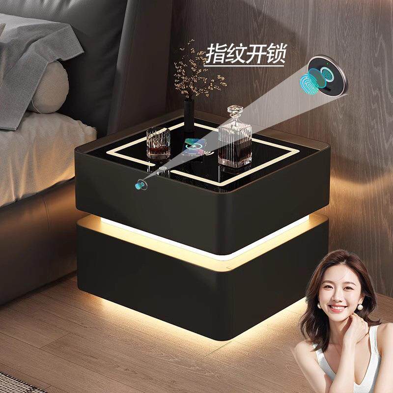 指纹锁智能床头柜简约现代实木床边柜子轻奢高级感卧室双层收纳柜