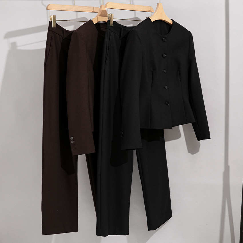 女士羊毛西装单排扣圆领套装两件套直筒裤休闲职业正装小西服外套