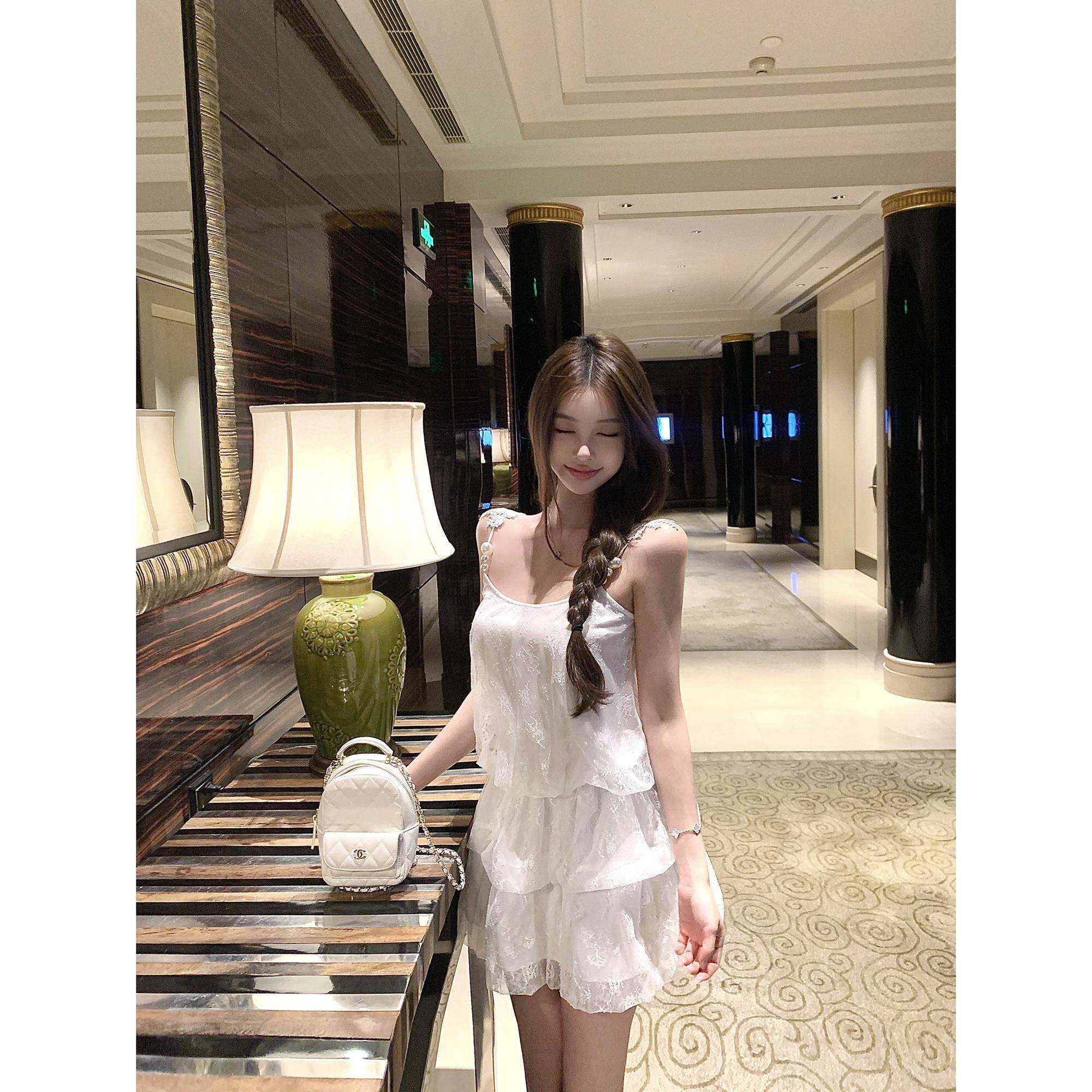 Thas9i九亿蕾丝肩带拼接珍珠撞色吊带蓬蓬裙女双层蕾丝蛋糕洋装