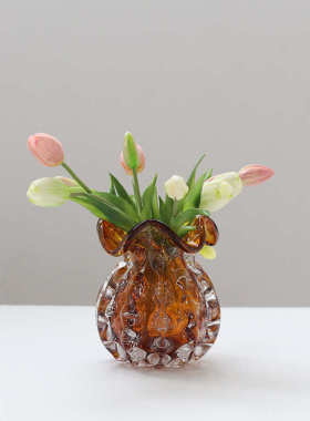 现代重工琥珀色气泡琉璃钱袋子花瓶摆件家居客厅水培样板间软装瓶