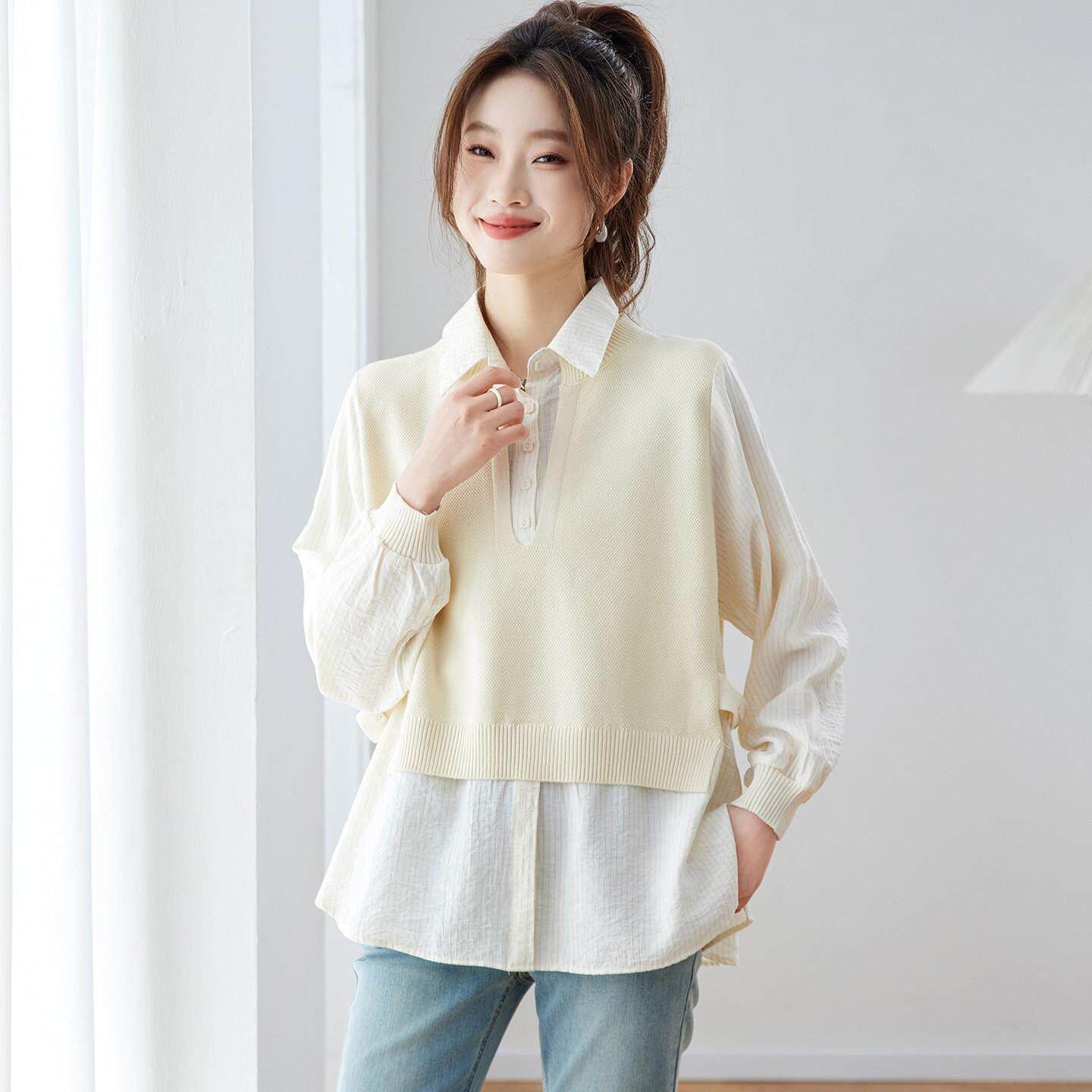 春装假两件上衣女款2026年新款衬衫领针织衫女时尚洋气女装打底衫