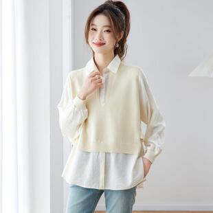 春装假两件上衣女款2026年新款衬衫领针织衫女时尚洋气女装打底衫