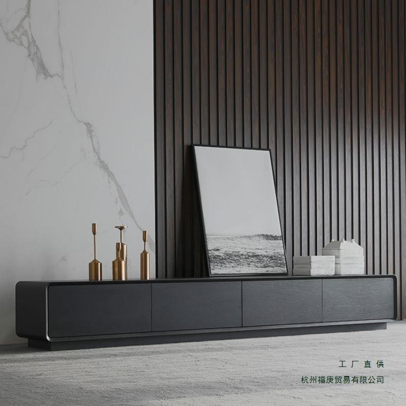 北欧客厅电视柜现代简约家用大小户型全黑极简一体落地储物柜墙柜