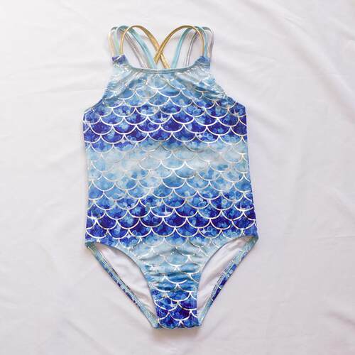 Blue mermaid one-piece swimsuit for girls, swimwear for
