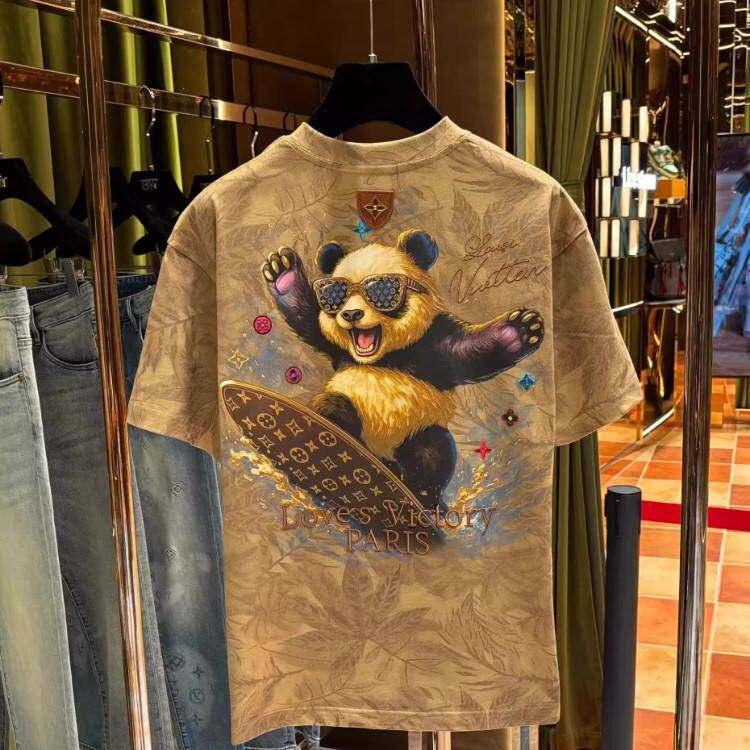 MAROLIO纯棉潮牌熊猫冲浪老花刺绣枫叶满印短袖t恤宽松休闲半袖