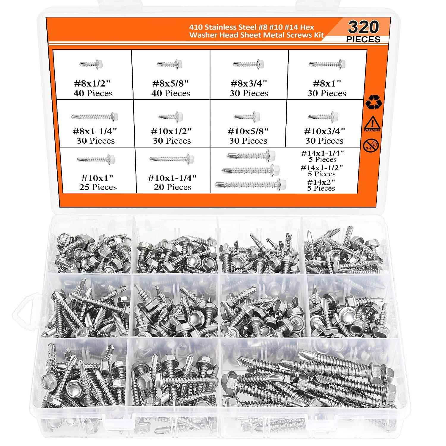 320pcs外六角华司钻尾自攻自钻螺钉套装8#10#14#六角燕尾自攻套装