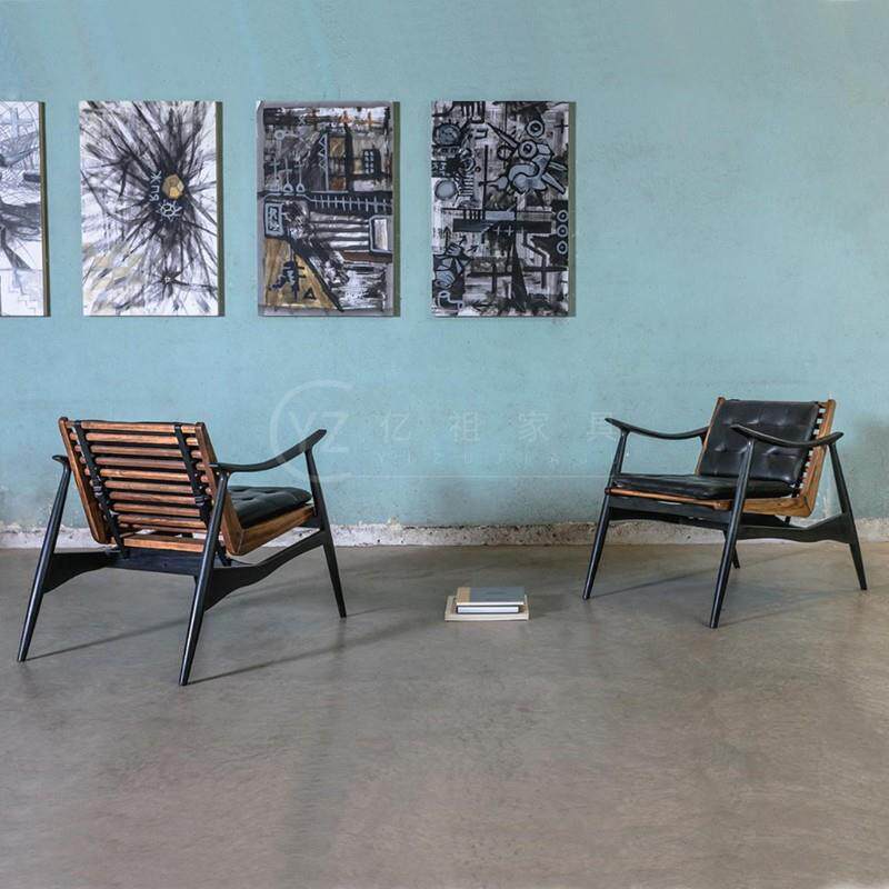 北欧简奢客厅实木沙发椅酒店大堂接待休闲椅设计师样板间皮艺单椅