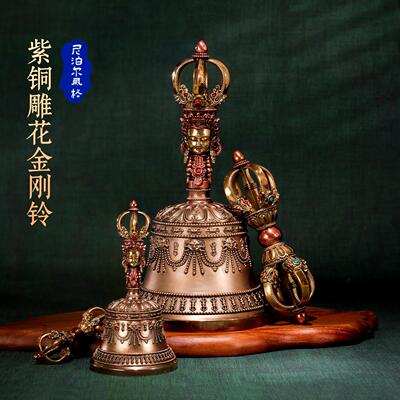 藏式纯黄铜五股金刚铃杵法铃摆件精致尼泊尔工艺藏银清脆响亮铃铛