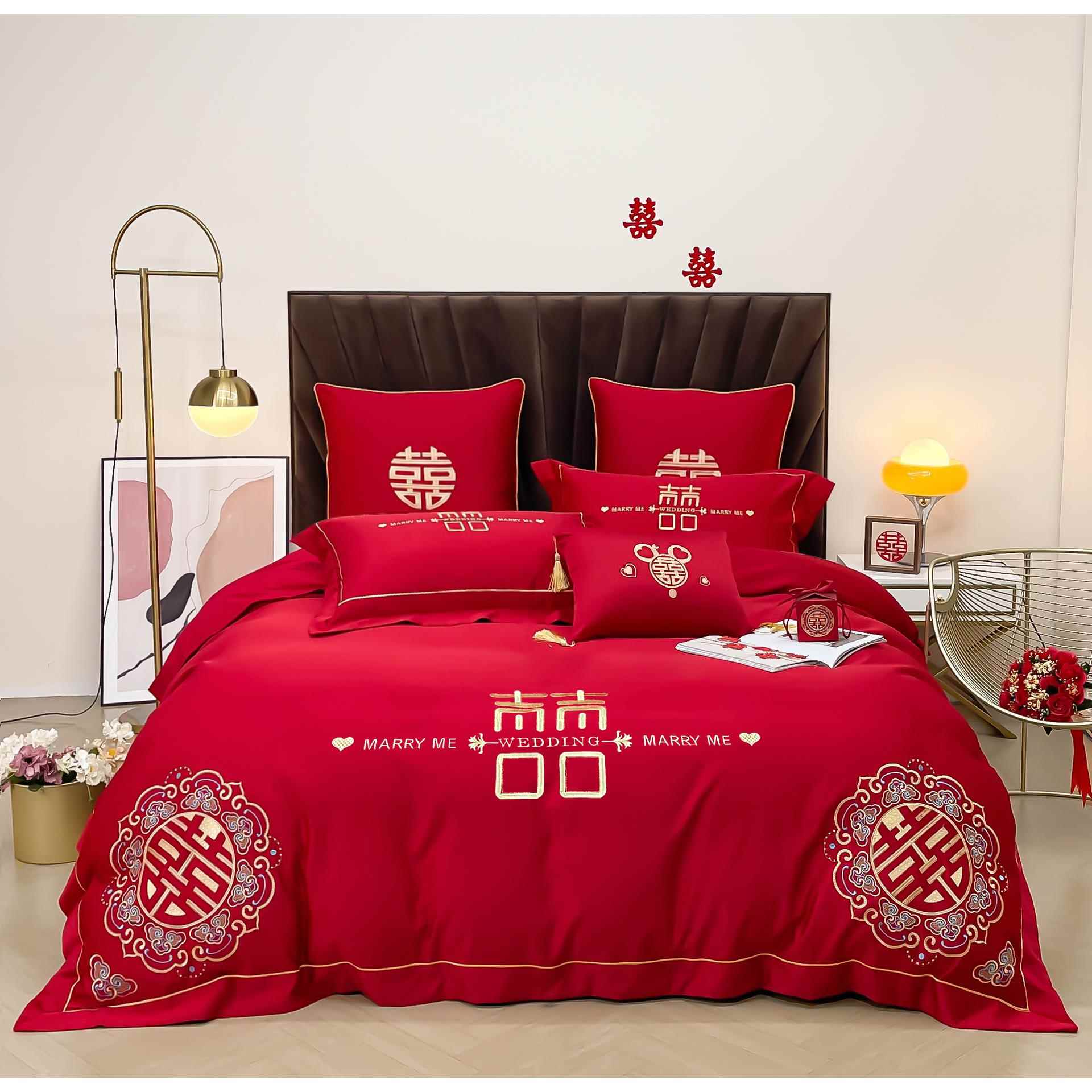 简约中式100支高端长绒棉婚庆四件套刺绣工艺大红色结婚被套床单