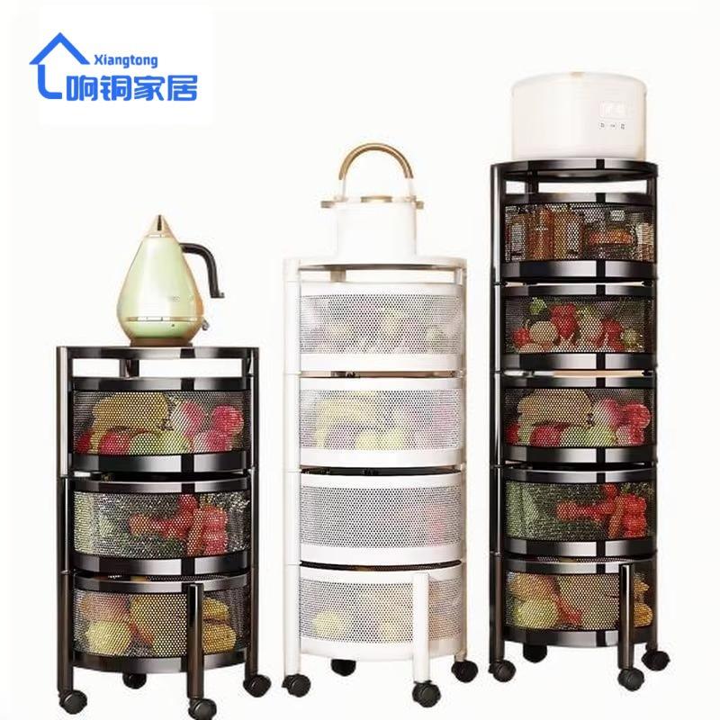 圆形可旋转厨房置物架家用落地多层蔬菜水果收纳架带轮小推车