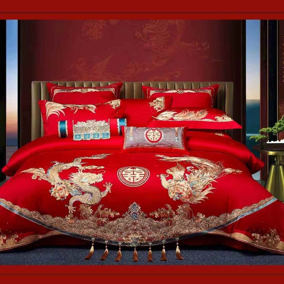 庆婚龙凤全棉180支四件套结婚床上品新婚大单红VBX色床刺绣纯用棉