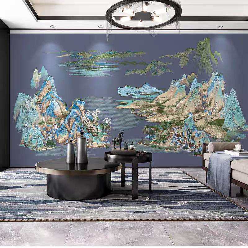 高档独绣刺绣背景墙布沙发客厅电视玄关新中式山水卧室无缝壁布