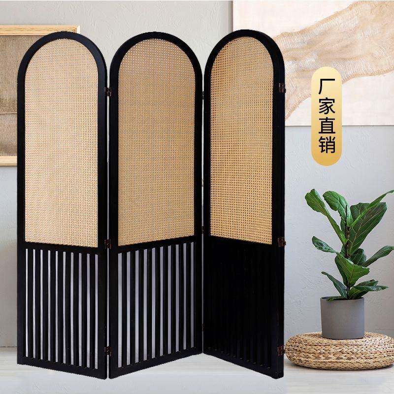 藤编实木屏风高端可折叠移动玄关遮挡客厅装饰家用入户简约隔挡
