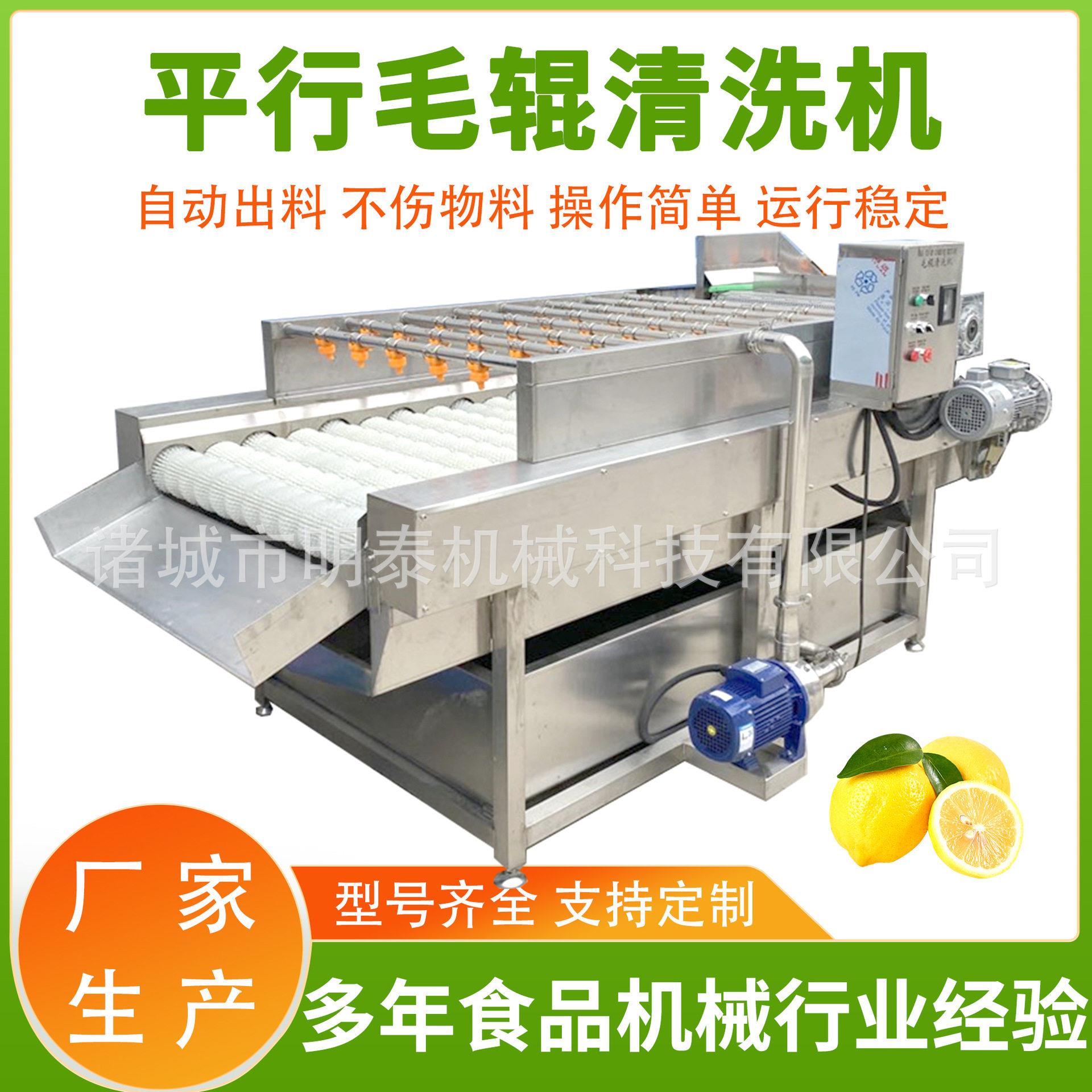 柠檬平行毛辊清洗机 橘子百香果毛刷洗果机 根茎类蔬菜清洗加工线