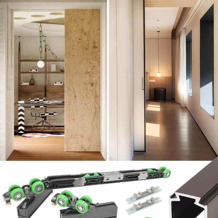 隐藏式木质口袋推拉移门吊滑轮卫生间厨房铝框双缓冲滑轨五金配件