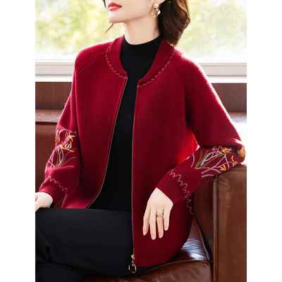 中年妈妈秋装针织外套喜婆婆婚宴礼服中老年女春秋季短款开衫夹克