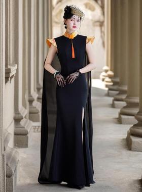 正品弹力旗免烫024秋冬新款优雅改礼良2长款黑色袍仪特选t台表演