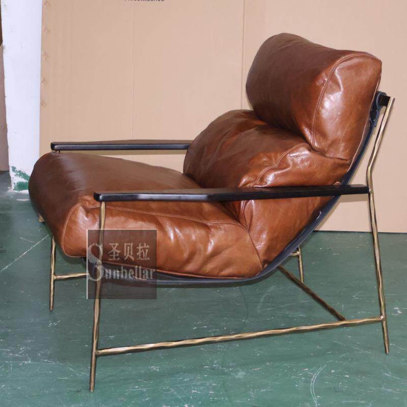 中古风实心铁艺锻打休闲椅复古油蜡真皮金属做旧锻打单人沙发椅