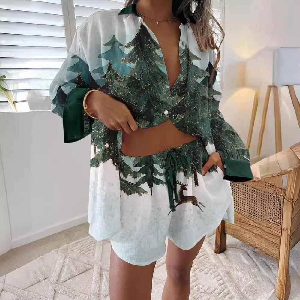All-match Hawaiian digital long-sleeved shirt and shorts