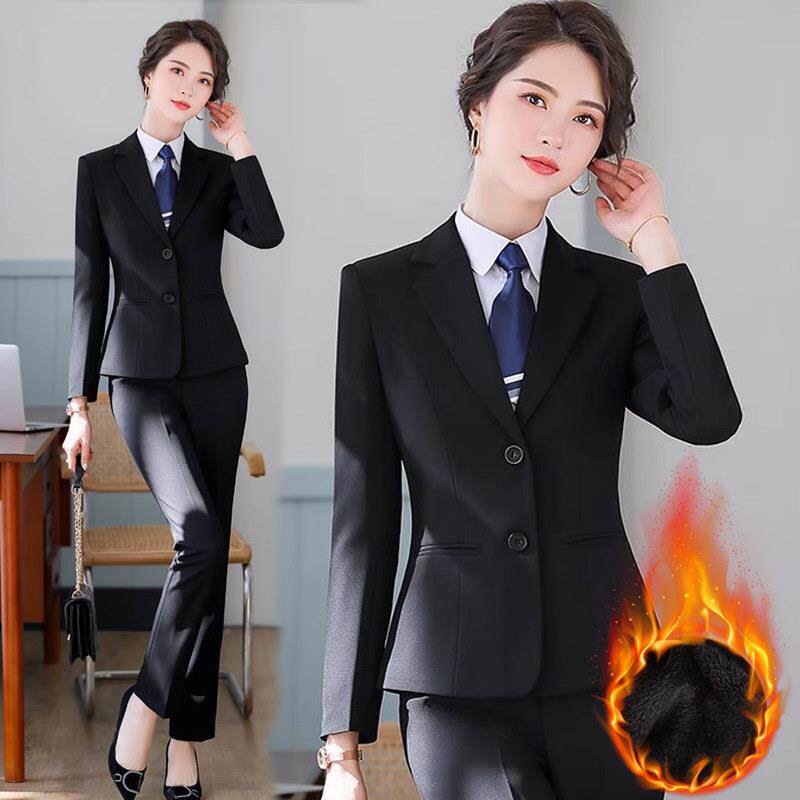 加绒西装外套女秋冬季加厚工作服职业套装正式场合大学生面试正装