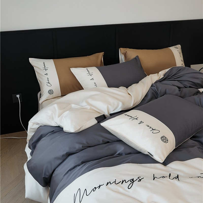 厂家直销春夏简约天丝棉四件套纯色刺绣凉感冰丝被套床单南通家纺