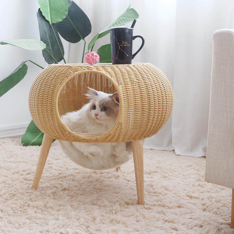 四季通用草编猫吊篮透明太空舱飞碟藤编猫窝手工编织宠物猫咪用品