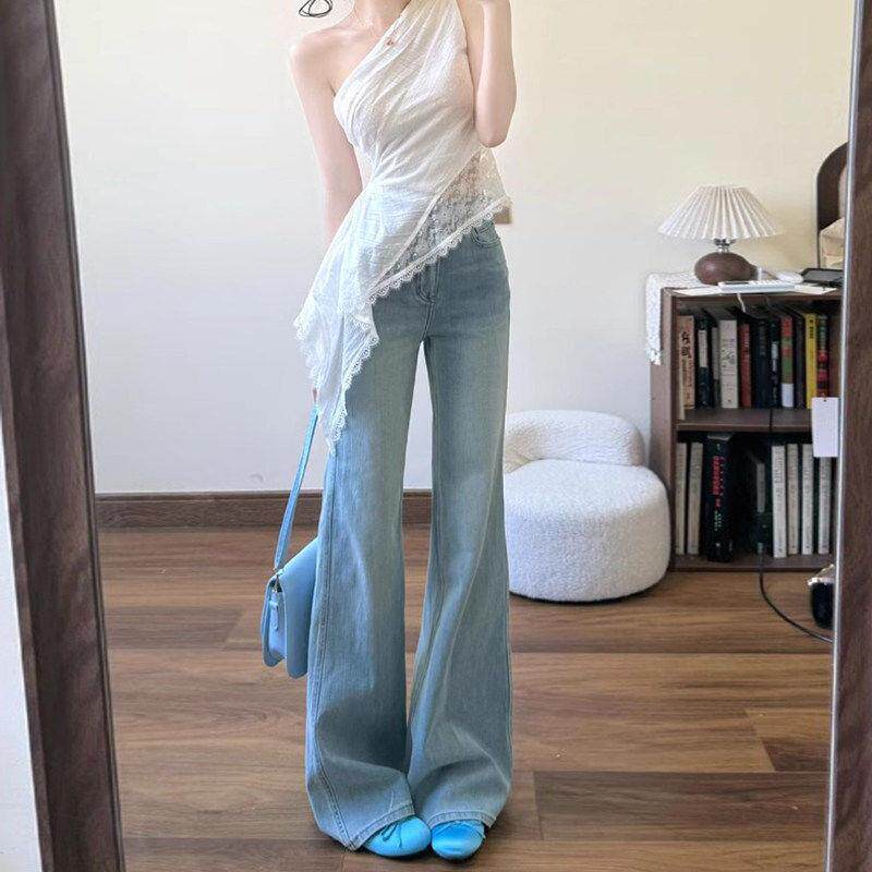 浅蓝高腰宽松微喇牛仔裤女春夏新款百搭显瘦垂感小个子拖地马蹄裤