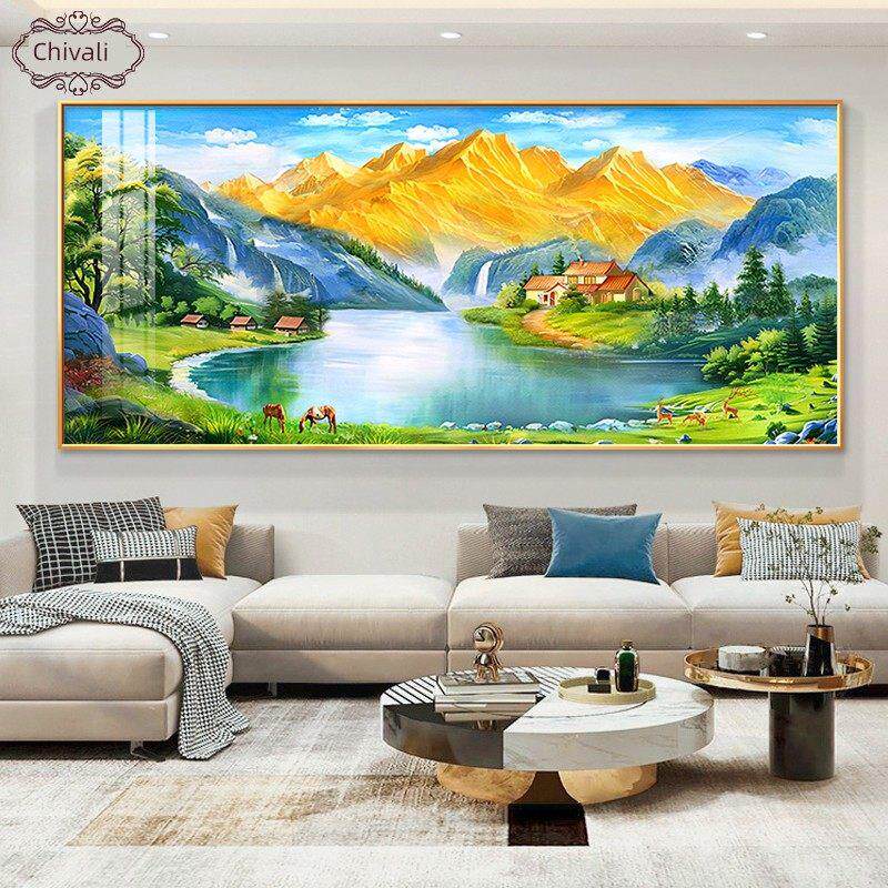 沙发西墙新款风景挂画2024装饰画客厅聚宝盆壁画背景墙山水画聚财