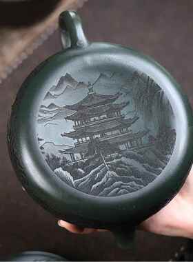 爆款分绿销满大容量580宜C兴紫砂壶手工制作77806原矿翡翠泥刻寒