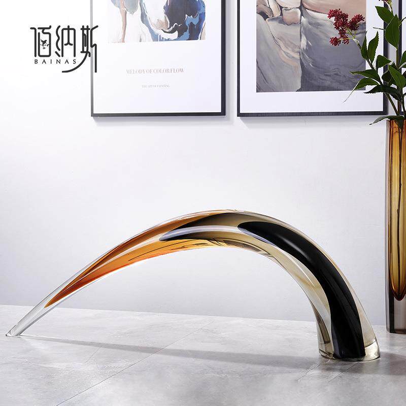 现代创意个性牛角造型玄关书桌面装饰玻璃摆件酒店大厅软装工艺品