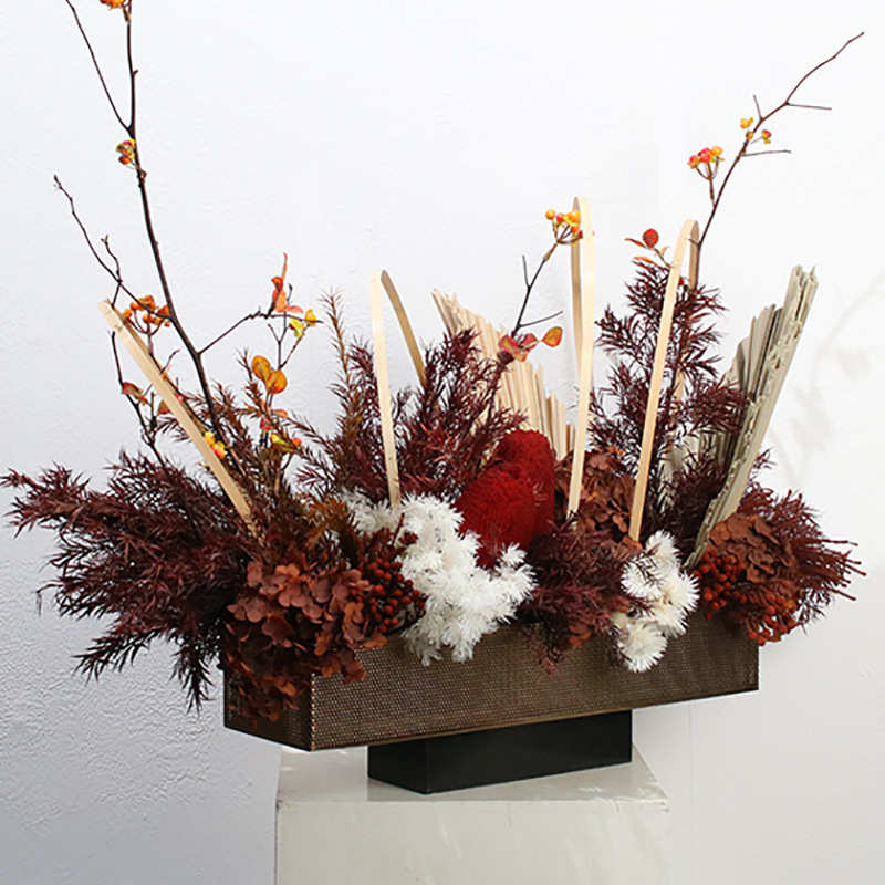 网格式现代轻奢金属底座金色长方形花器摆件样板房售楼处软装饰品