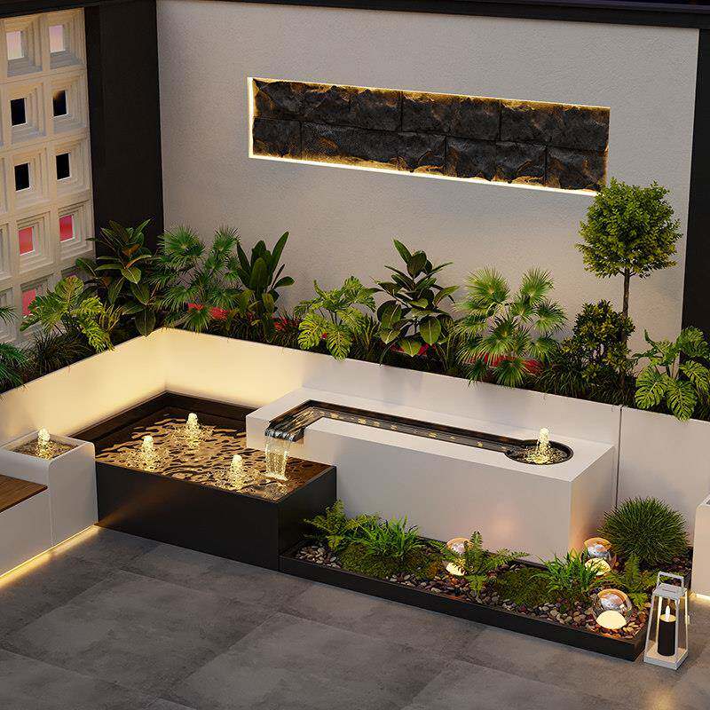 庭院不锈钢金属鱼池造景现代简约庭院喷泉摆件室外流水循环水定制