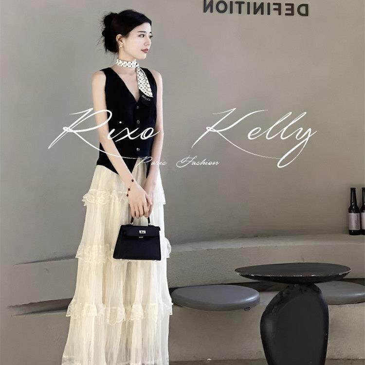 RIXO STREET复古高级修身马甲白色蕾丝半身裙两件套时尚气质女夏
