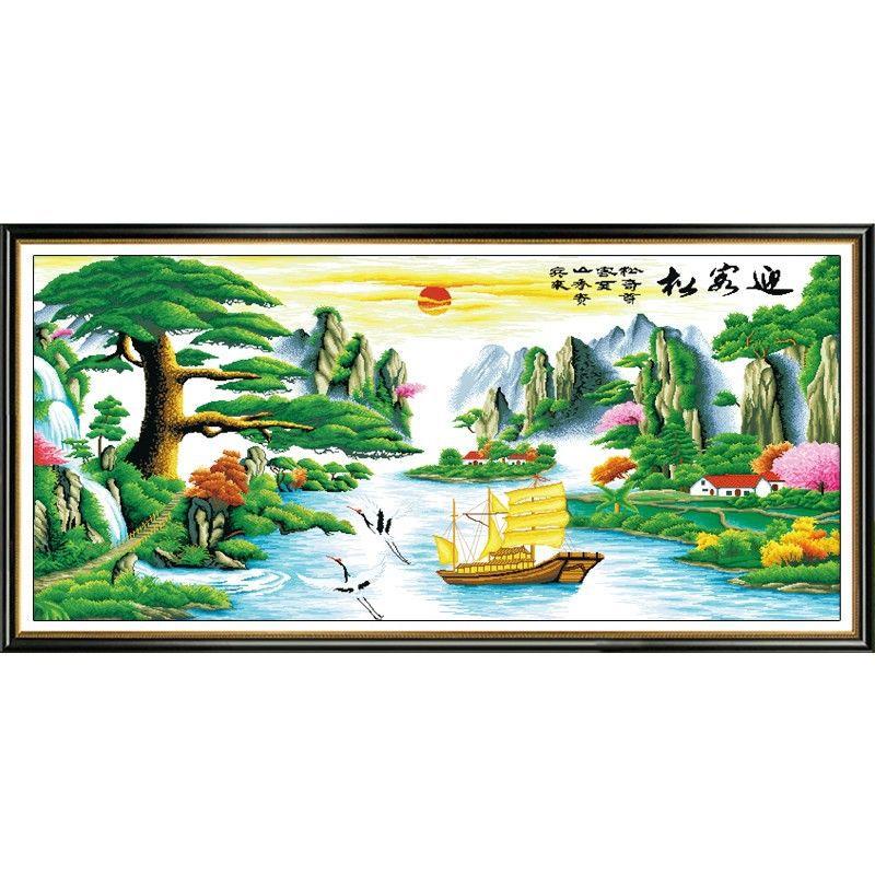 迎客松十字绣2024新款线绣客厅大气山水画风景大幅流水生财自己绣