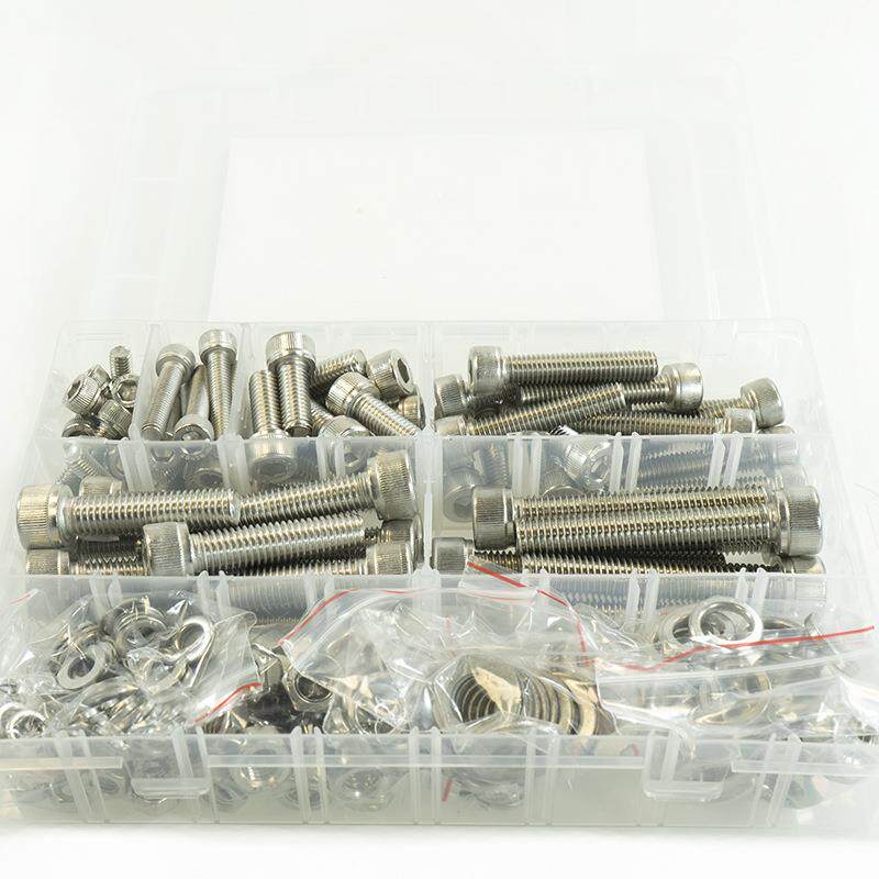 256pcs不锈钢304圆柱头内六角螺钉M6M8M10配平垫弹垫螺母扳手套装