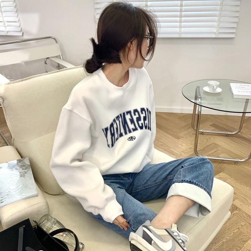 简遇luck品质女装卫衣女秋冬新款薄款韩版圆领字母印花女式休闲宽