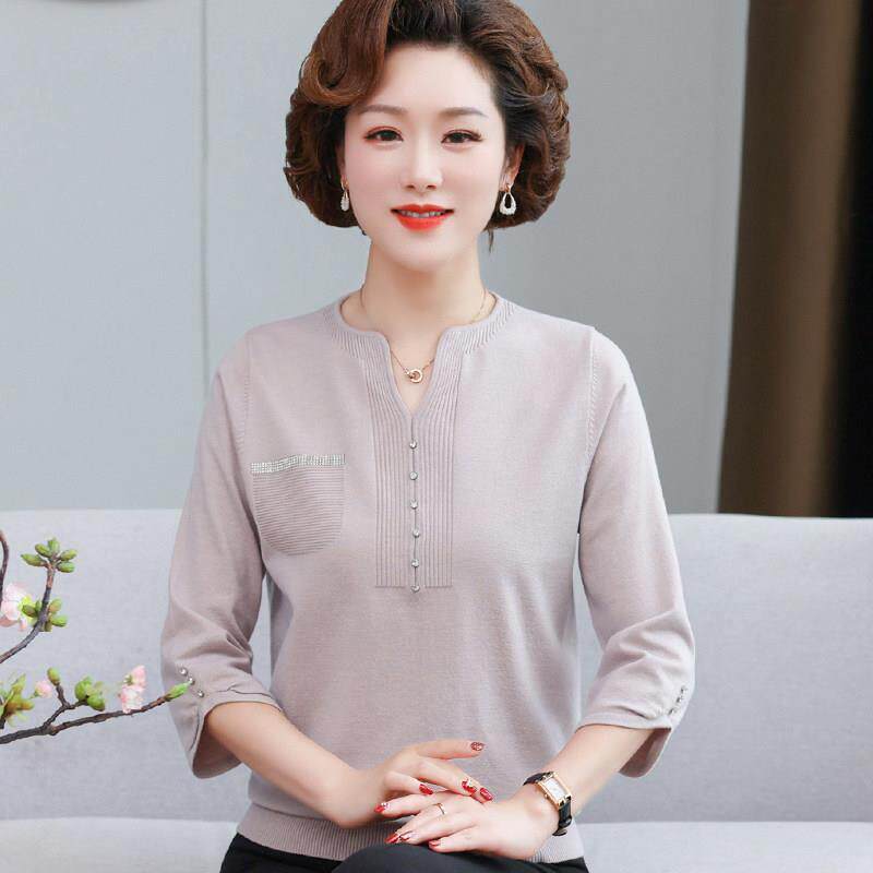 妈妈款早秋七分袖T恤中年妇女春秋打底衫 中老年人奶奶上衣套装