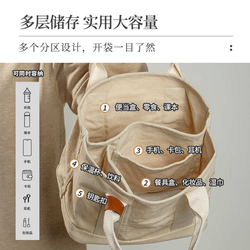 日系休闲帆布包女士手拎饭盒便当包大容量手提袋妈咪包通勤收纳包