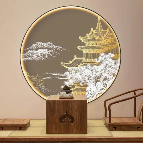 3d立体新中式圆形山水墙纸楼阁雅致壁画客厅圆型背景墙布茶室壁纸