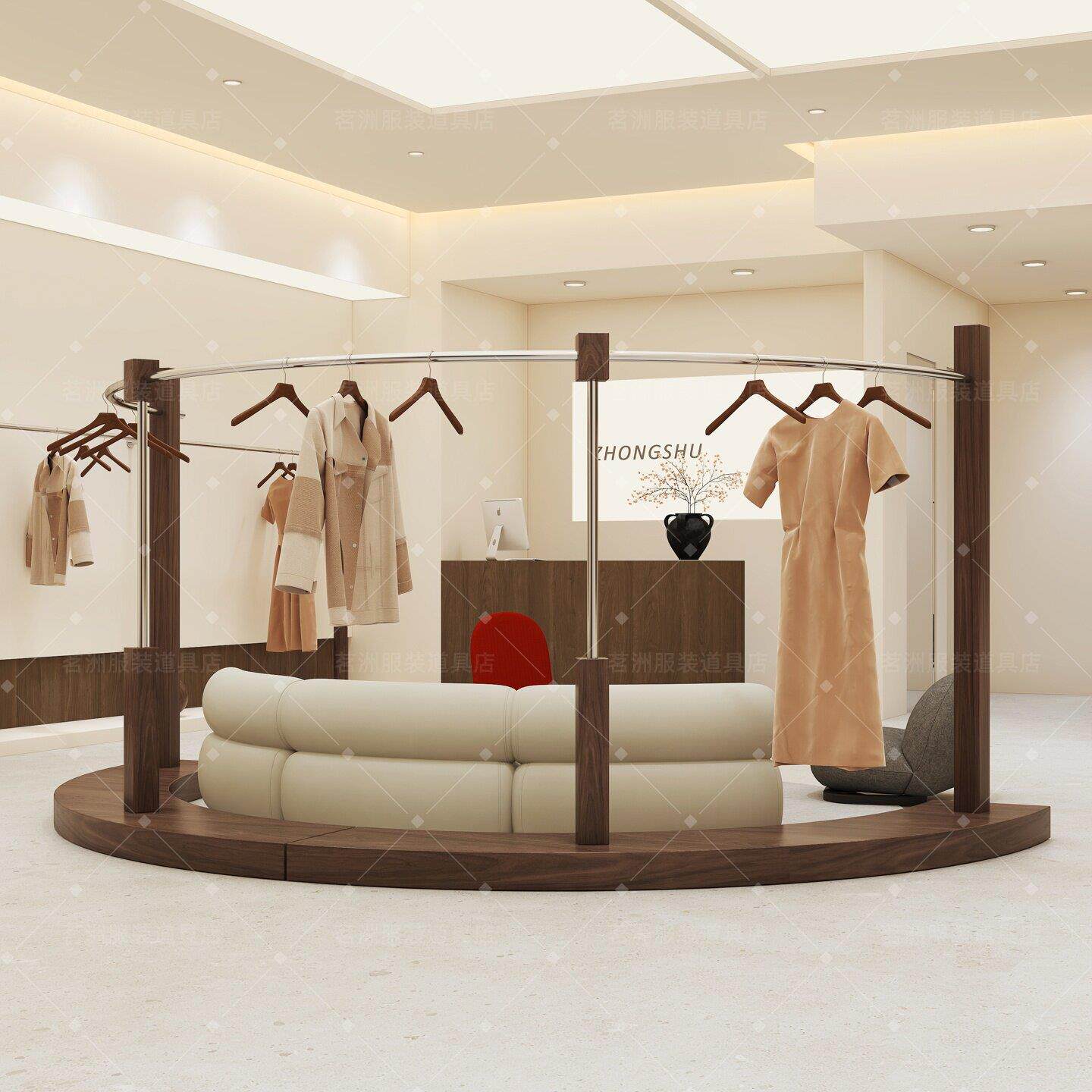 服装店展示架弧形落地式不锈钢胡桃木色中岛架男女装店挂衣杆货架
