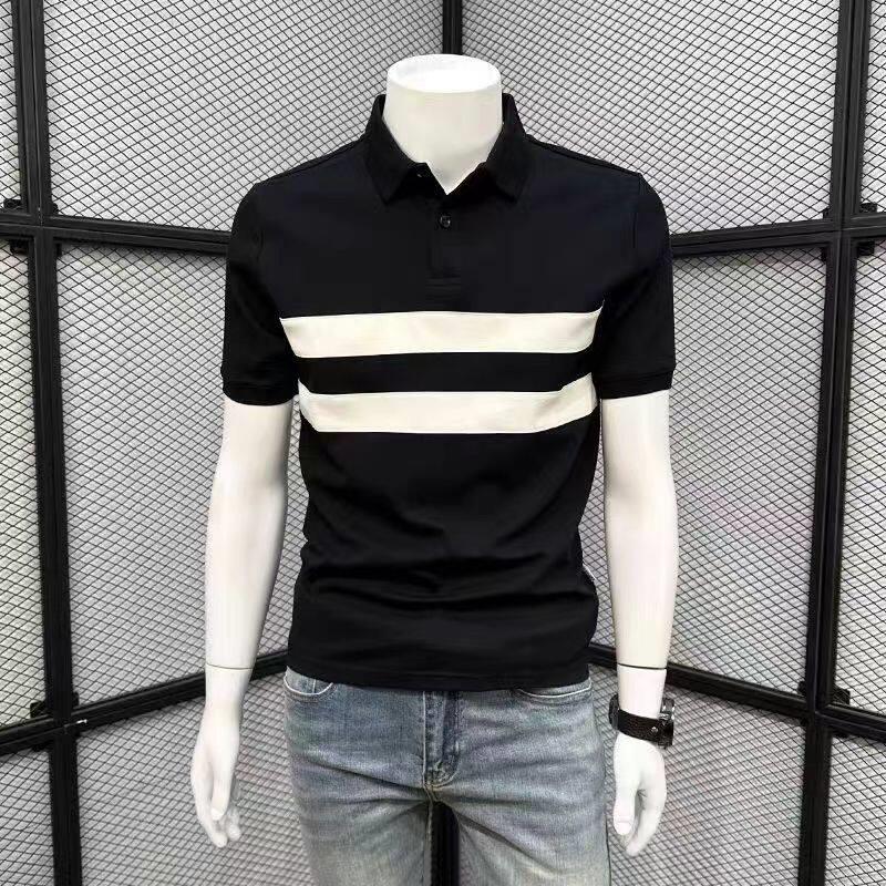 男士条纹拼色短袖polo衫夏季新款潮流休闲翻领T恤青年修身上衣服