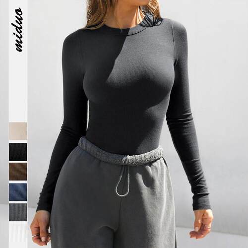 Womens Plain Round Neck Long Sleeve Tee Knitted Casual Basic
